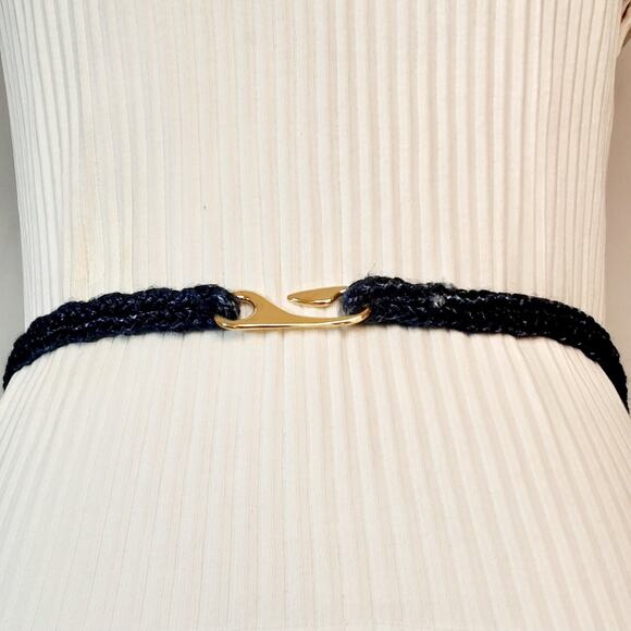 Corded Tapestry Belt Navy Blue Gold Tone 28 Waist Non Adjustable Hook Closure - Picture 3 of 12